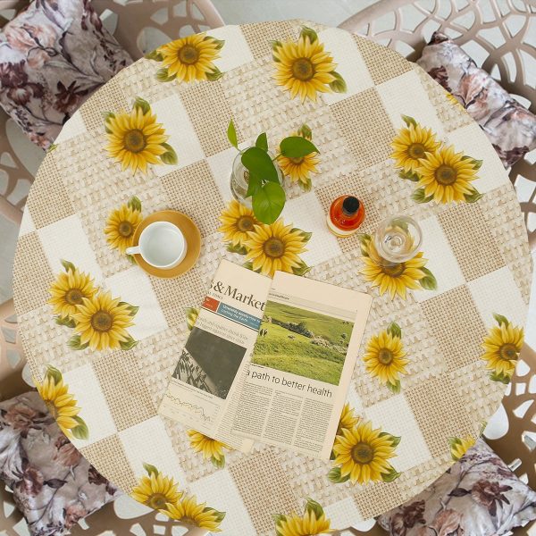 Round Fitted Vinyl Tablecloth with Elastic Edged and Flannel Backing,Wipeable Waterproof, Yellow, 43" to 55''