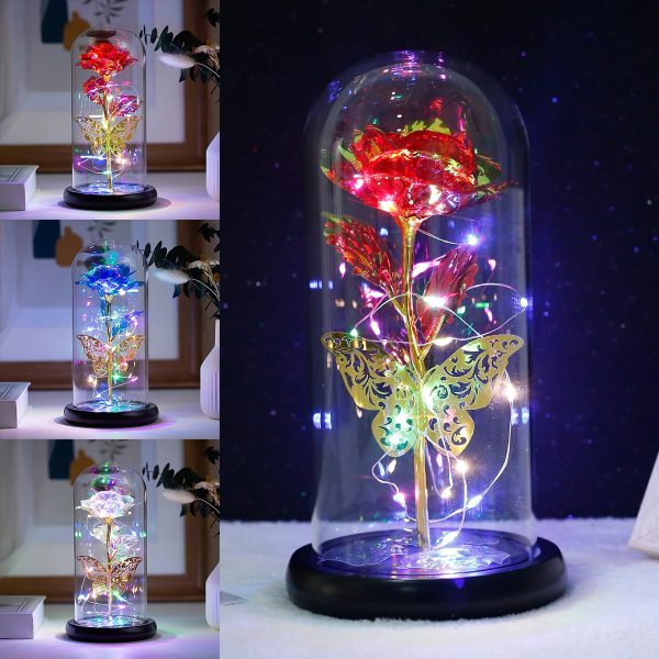 Tcwhniev Rose Light Artificial Galaxy Rose Lamp with Butterfly and Colorful LED Rose Flowers In Glass Gifts for Women Girls for Wedding Mother's Day Valentine's Day