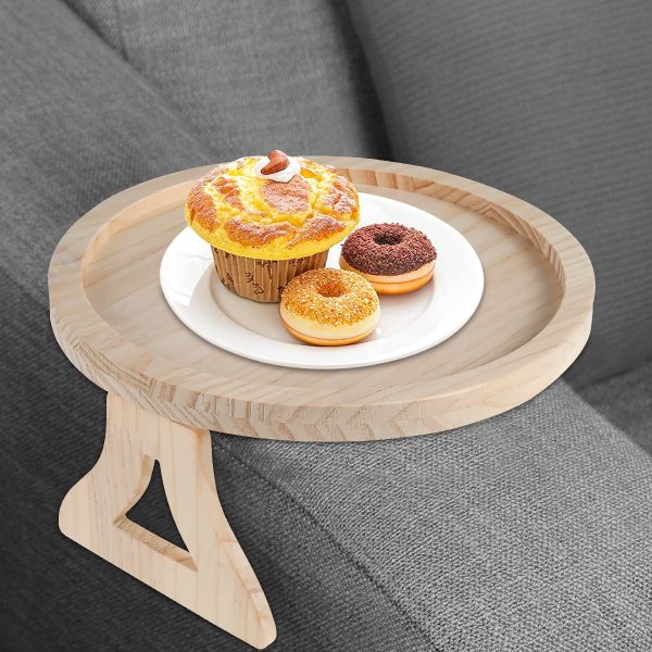 Natural Pine Wood Sofa Side Tables Round Portable and Foldable Sofa Armrest Clip-On Tray Waterproof Sofa Couch Arm Rest Organizer Space Saving Ideal for Remote Control Drinks Snacks Phone