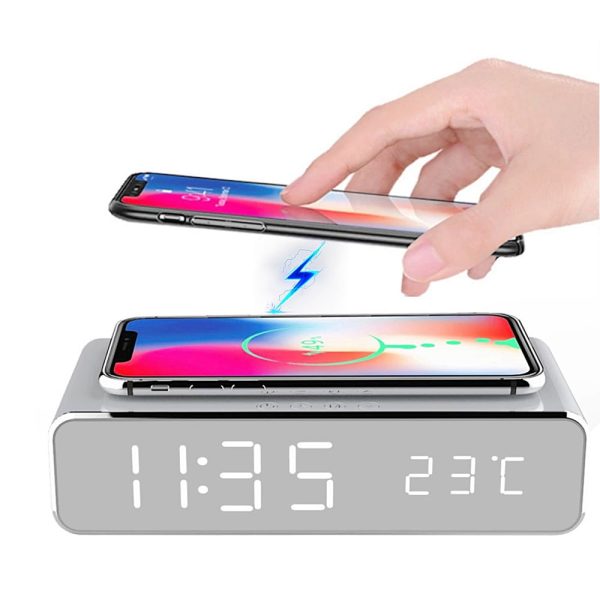 LED Electric Alarm Digital Clock with Wireless Phone Charger Thermometer Desktop Digital HD Mirror Clock, Silver