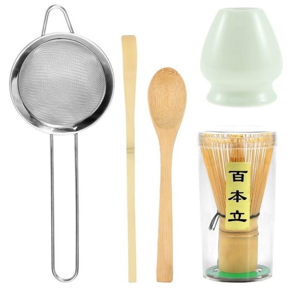 5Pcs Matcha Whisk Set Reusable Matcha Tea Set Japanese Whisk Set Handmade Bamboo Matcha Whisk Traditional Tea Scoop Deep Scoop Stainless Steel Tea Strainer Clear Whisk Storage Holder for Tea