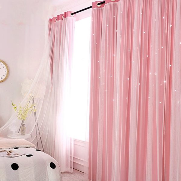 Gradient 2 Layer Blackout Curtains Grommets Princess Star Hollowed Window Curtains for Girls Kids Room Living Room Pink