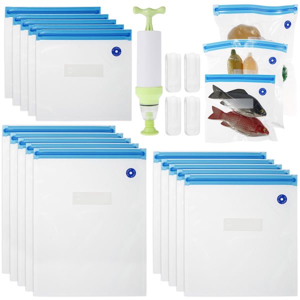 Sous Vide Bags 20Pcs Reusable Vacuum Food Storage Bags Kit with 15Pcs 3 Sizes Vacuum Food Bags 4 Sealing Clips 1 Hand Pump Food-grade Food Save Bags for Food Storage and Cooking