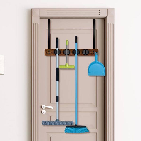 Broom Mop Holder Over The Door Rustic Style 4 Slots Broom Storage Rack With 2 Hooks Drilling Free Mop Broom Organizer for Laundry Room Garage Kitchen Bathroom