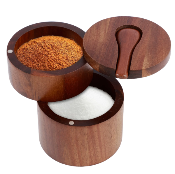 NUAHRHY 2 Layers Salt and Pepper Bowl with Built in Spoon and Magnetic Swivel Lid Acacia Wood Salt Cellar Dustproof Salt and Pepper Storage Box for Seasonings Spices Pepper