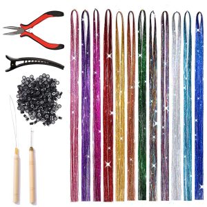 JTWEEN Hair Tinsel,Hair Tinsel Kit with Tools,Tinsel Hair Extensions,12 Colors 2400 Strands Fairy Hair Tinsel Heat Resistant 47 Inch Hair Glitter