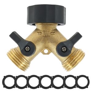 Rzvnmko Hose Splitter Brass 2 Way Garden Hose Connector 3/4 Thread Y Shape Hose Spigot Adapter Heavy Duty Water Hose Splitter with 7 Rubber Washer for Outdoor Garden Farm Greenhouse