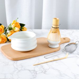 5Pcs Ceramic Matcha Bowl,Whisk Holder,Matcha Whisk Container with Pouring Spout,Matcha Bamboo Whisk Stainless Sifter Bamboo Scoop for Matcha Tea Culture