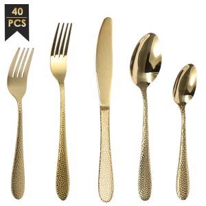 40 Pcs Silverware Set for 8 Stainless Steel Flatware Set Hammered Utensil Set Mirror Polished Cutlery Set Forks Knives and Spoons Set