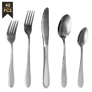 40 Pcs Silverware Set for 8 Stainless Steel Flatware Set Hammered Utensil Set Mirror Polished Cutlery Set Forks Knives and Spoons Set
