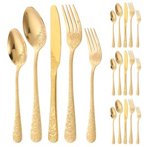 20 Pcs Floral Silverware Set Including Fork Spoon and Knife Stainless Steel Flatware Set Vintage Cutlery Set Mirror Polished Utensil Set for Kitchen Dishwasher Safe Service for 4
