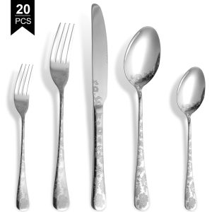 Jetcloudlive 20 Piece Silver Silverware Set Service for 4, Stainless Steel Flatware Set, Mirror Polished Cutlery Set, Flower Pattern Forks and Spoons Set with Knives, Dishwasher Safe