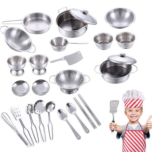 Harupink Stanless Steel Repilca Mini Cook Set 24Pcs Kid Pretend Cooking pot bowls dishes knife pan basket etc