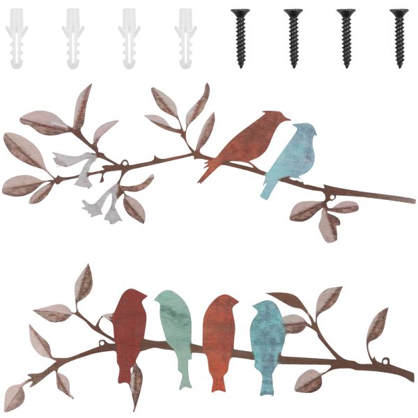 2 Pcs Metal Birds Wall Art Decor Vivid Birds on Branch Rustic Outdoor Decor Metal Sculpture Silhouette Ornament Branch Wall Hanging Sign for Balcony Garden Indoor Outdoor