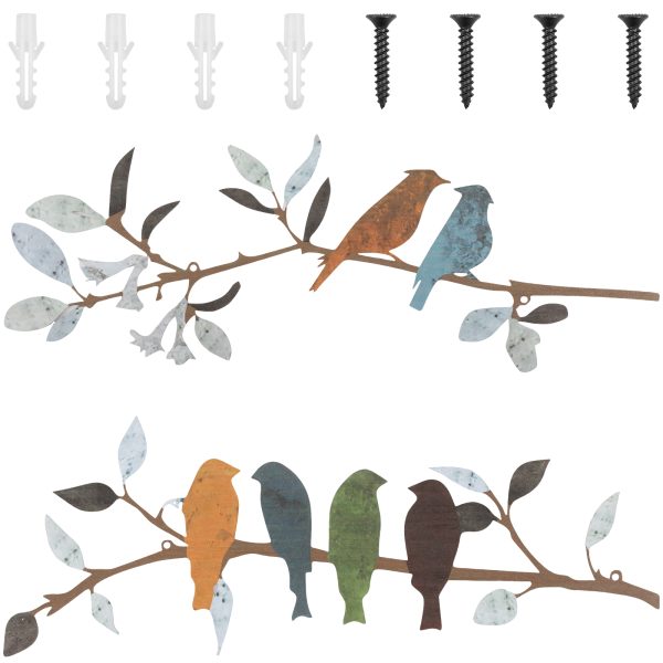 2 Pcs Metal Birds Wall Art Decor Vivid Birds on Branch Rustic Outdoor Decor Metal Sculpture Silhouette Ornament Branch Wall Hanging Sign for Balcony Garden Indoor Outdoor