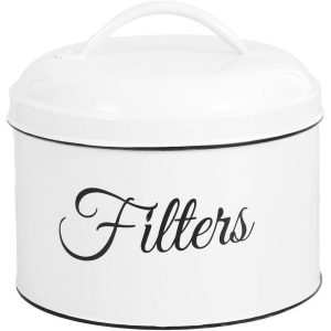 EUWBSSR Coffee Filter Storage Case,Coffee Filter Holder Stainless Steel Round Basket Coffee Filter Storage with Lid and Top Handle,White