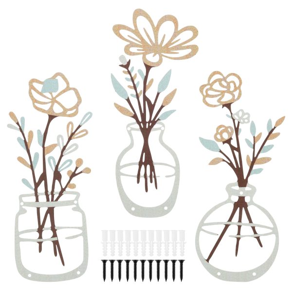 3 Pcs Metal Flowers Wall Arts - Rustic Farmhouse Decor Beige Minimalist Flower Wall Decors for Living room Bathroom Bedroom Dining Room-Housewarming Gifts 11.8x4.7 in