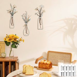 3 Pcs Metal Flowers Wall Arts Metal Vase Wall Art Rustic Farmhouse Decor Bathroom Wall Decor Dining Room Wall Decor Minimalist Decor Housewarming Gifts 13.8x5.9 in