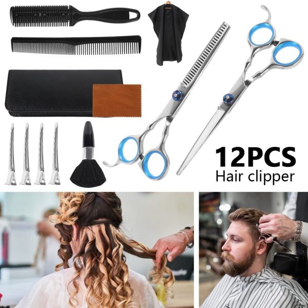 EUWBSSR Professional Hair Cutting Kit, 12 Piece Set with Straight & Thinning Scissors, Hair-Clips, Tail Comb, Cape and Accessories