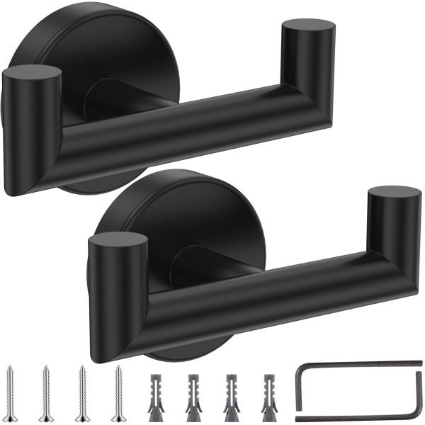 EUWBSSR 2Pcs Stainless Steel Double Towel Hooks for Bathroom Kitchen Anti Rust Streamlined Towel Wall Hangers Strong Load Bearing Robe Wall Hooks for Hanging Clothes Loofah