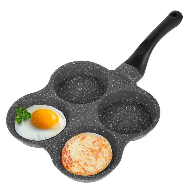 Hvxrjkn Pancake Pan Non-Stick Fried Egg Pan 4 Holes Frying Pan Pancakes Maker with Handle Crepe Pan for Breakfast Eggs Kitchen Utensils Burger Eye Pan for Gas Stove Electric Ceramic Cooker (Black)