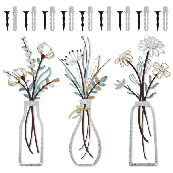 3 Pcs Metal Flowers Wall Arts Metal Vase Wall Art Rustic Farmhouse Decor Bathroom Wall Decor Dining Room Wall Decor Minimalist Decor Housewarming Gifts 13.8x5.9 in