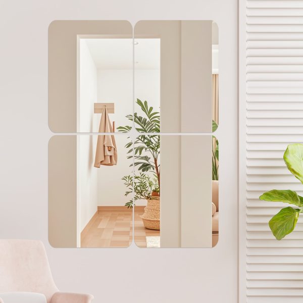 4/8Pcs Acrylic Mirror Tiles Reflective Self Adhesive Mirror Tiles 2mm Thick Flexible Mirror Sheets Decorative Stick for Home Bathroom Bedroom Wall Decor