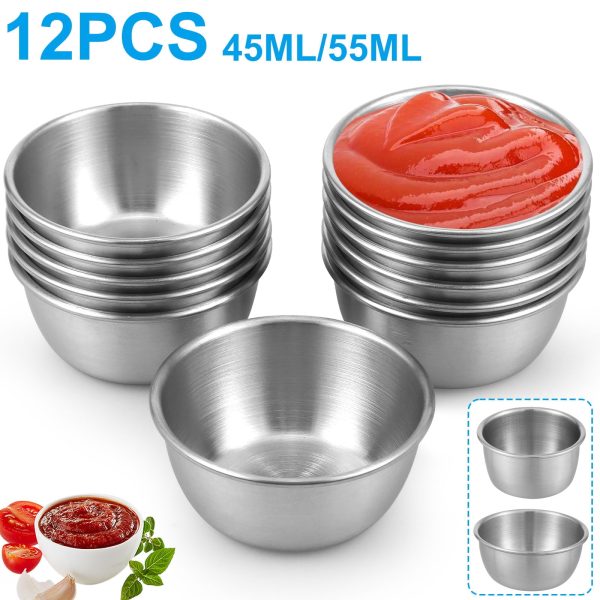 Hvxrjkn 12 Pcs Stainless Steel Sauce Cups Individual Round Sauce Dishes 45/55ml Mini Reusable Seasoning Cups for Home Party Restaurants