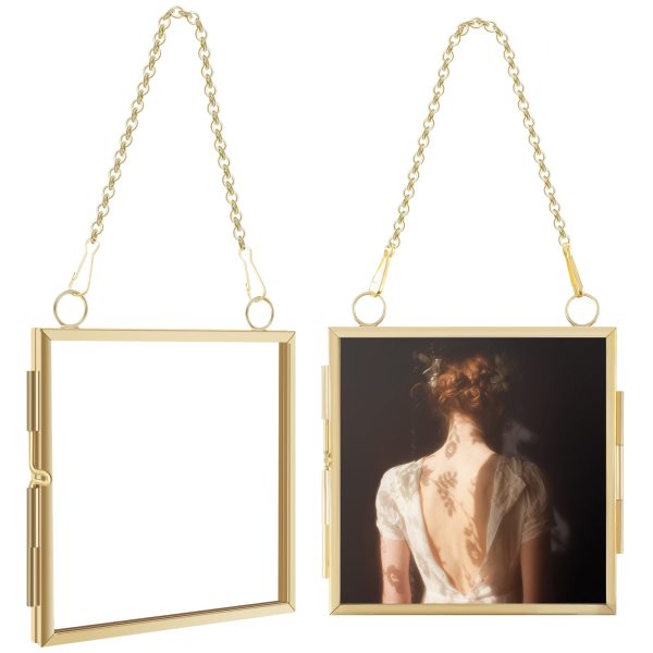 2Pcs Picture Frames Metal Glass Square Hanging Mini Photo Frames Double Sided Picture Frames with Chain Easy Cleaning Pressed Flowers Display Frames