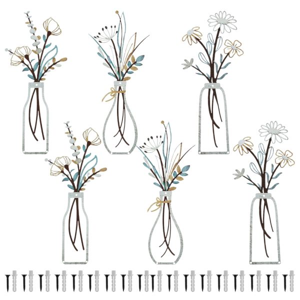6Pcs Metal Flower Wall Art Beautiful Metal Flowers Wall Decor Decorative Metal Flower Vase Wall Art for Living Room Bathroom Bedroom Dining Room Walls