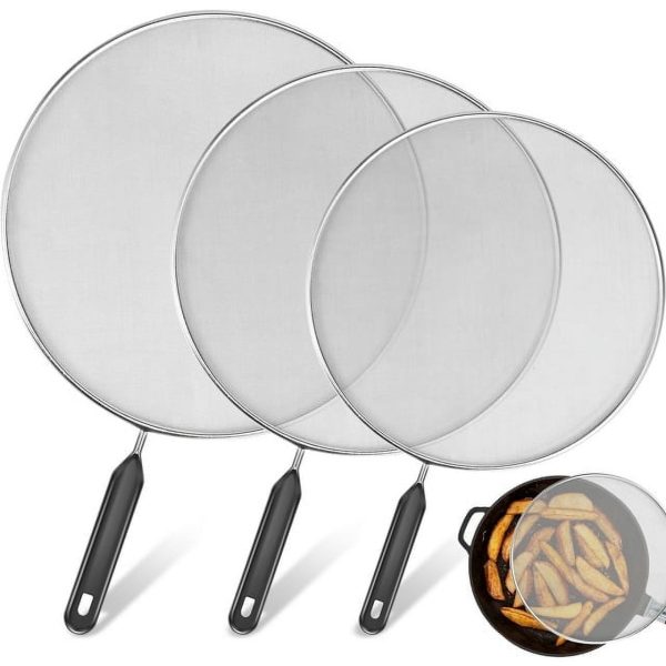 Jetcloudlive 3Pcs Splatter Guard with Handle Stainless Steel Mesh Splatter Screen Splash-Proof Oil Splatter Guard Temperature Resistant Splatter Screen Strainer 9.8 in+11.4 in+13 in for Cooking