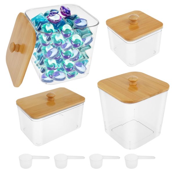 Hvxrjkn 4 Pcs Laundry Pods Container with Lid Clear Dryer Sheet Holder Large Opening Laundry Powder Container Reusable Laundry Room Organization Containers for Scent Booster