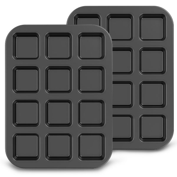 2 Pack 12 Cavity Brownie Pan with Dividers,Non-Stick Square Muffin Pan,All Edges Baking Pan for Cornbread,Cupcakes,Tart,Muffin Cakes,Cookie,Bread