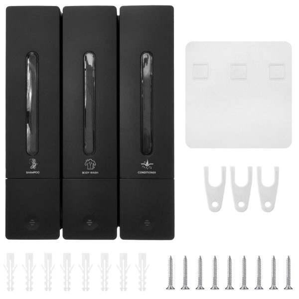 Soap Dispenser Wall Mounted, 400ML x 3 Shampoo and Conditioner Dispenser 3 Chamber Shower Gel Dispenser Hand Washing Liquid Dispenser ABS No Drill Set for Bathroom Kitchen 2 Colors(Black)