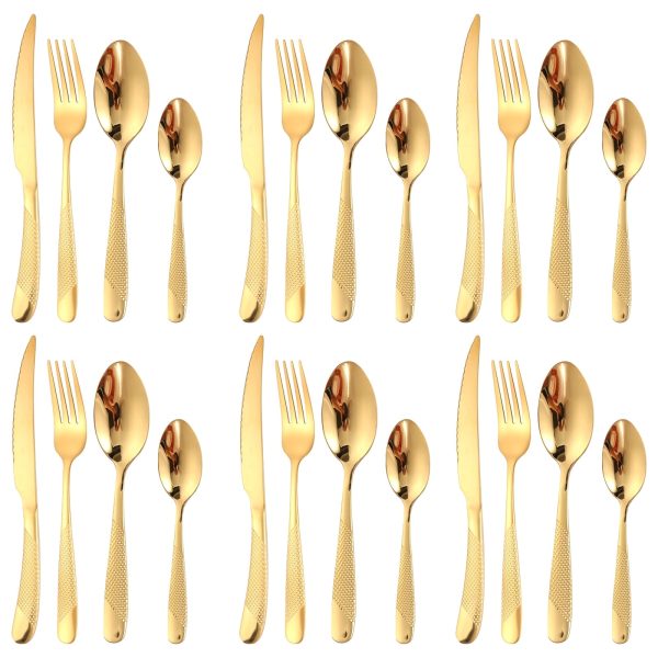 24PCS Modern Hammered Flatware Utensil Set for 6 Stainless Steel Cutlery Silverware Set Includes Knives Forks Spoons for Home Restaurant