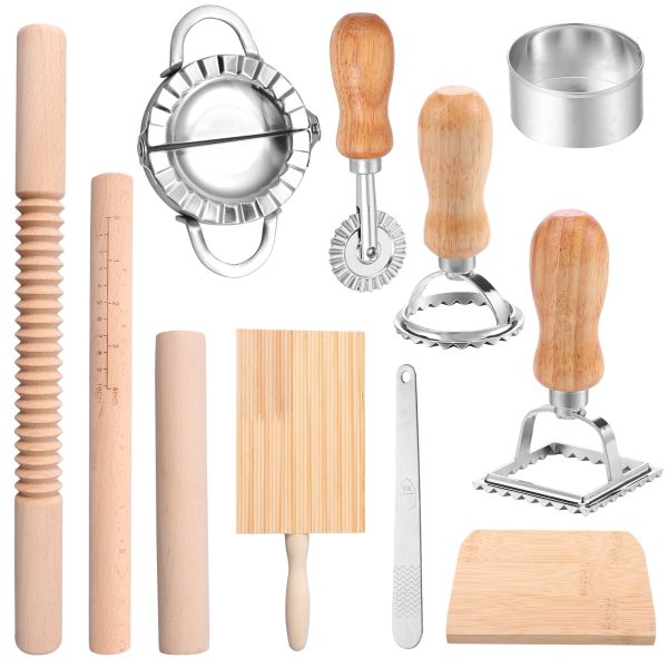 11Pcs Pasta Making Tools Kit Efficient Pasta Making Set with Wooden Threaded Rolling Pin Gnocchi Board Dough Cutter Dumpling Maker Multi Purpose Ravioli Pasta Maker Set for Kitchen