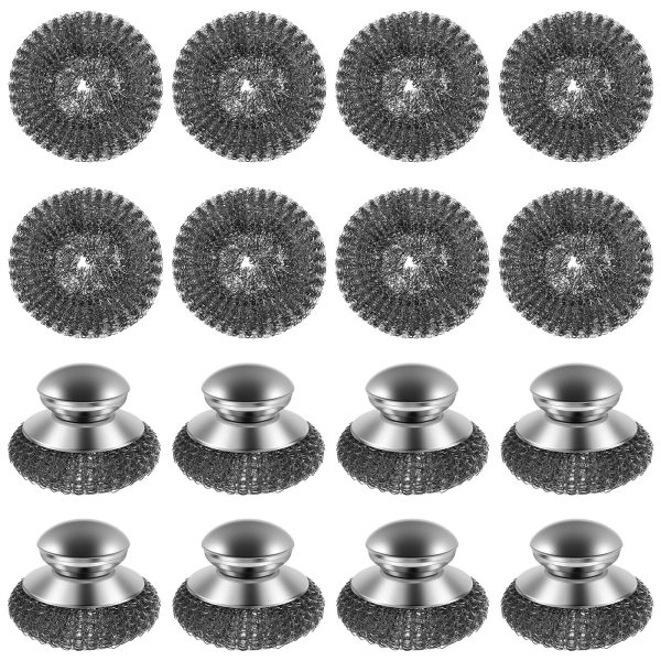 Tcwhniev 8Pcs Steel Wool Scrubber with Handle 8 Replacement Wire Pads Non Scratch Steel Dish Scrubber for Cleaning Pots Pans Grills Sink