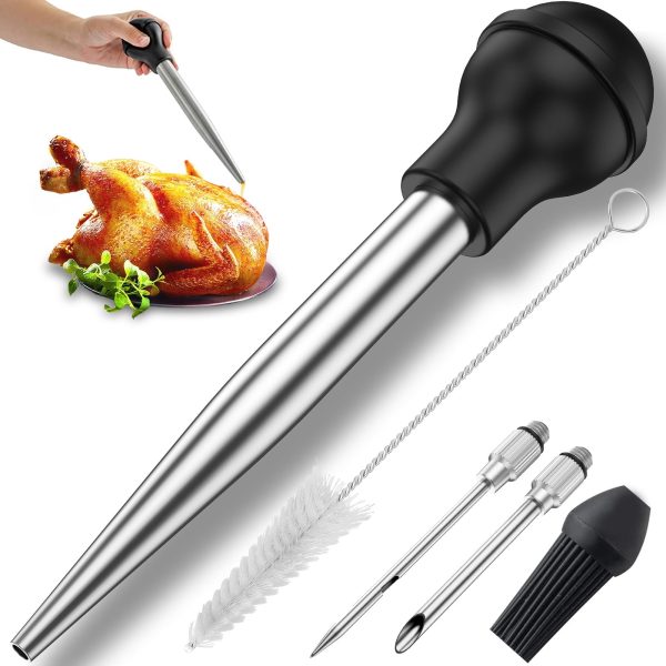 Tcwhniev Turkey Baster, Stainless Steel Turkey Baster Syringe with Cleaning Brush Meat Marinade Injector with 2 Needles and Detachable Silicone Round Bulb Meat Baster for BBQ Grill Baking