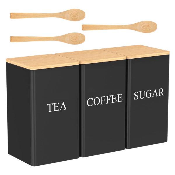 Tcwhniev 3 Pcs Coffee Tea Sugar Container Set with Bamboo Lid Iron Tea Sugar Coffee Canisters Versatile Tea Coffee Sugar Canister Set Airtight Coffee Tea Sugar Container Set for Coffee Sugar Tea