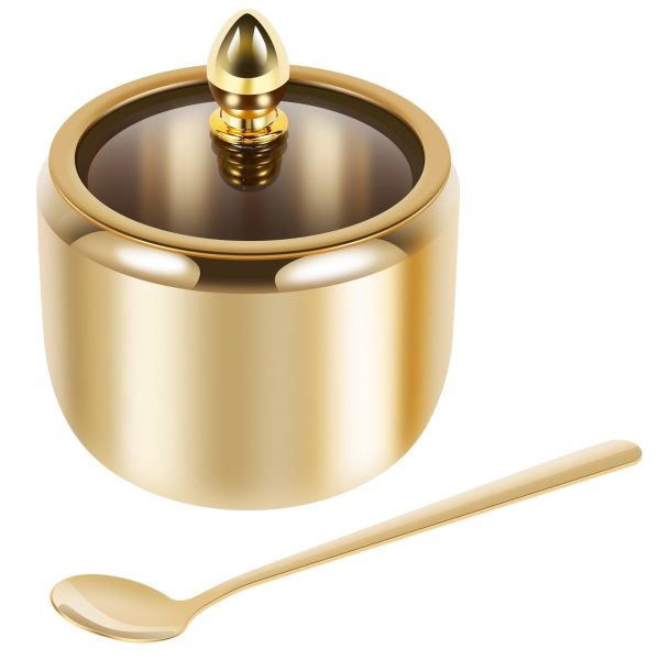304 Stainless Steel Sugar Container with Clear Glass Lid and Spoon Gold Sugar Bowl 10oz Sugar Jar Dishwasher Safe Seasoning Box Multifunctional Condiment Pot for Salt Candy Coffee Bean