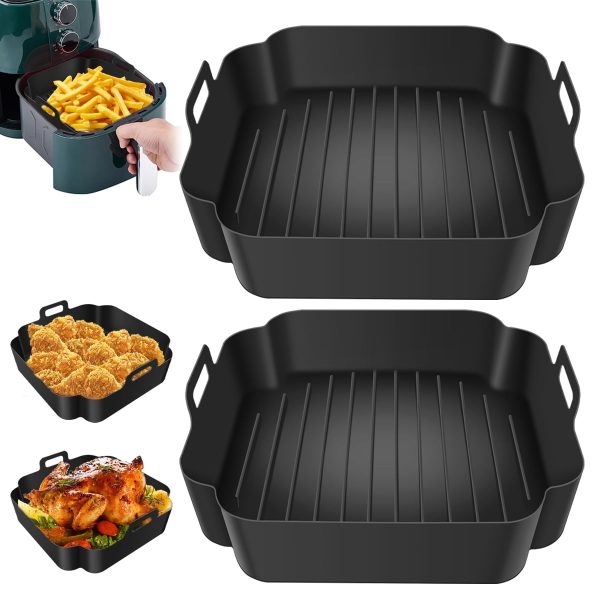 Xiyztok 2Pcs Air Fryer Silicone Pot with Handle Reusable Air Fryer Liner Heat Resistant Air Fryer Silicone Basket Square Baking Tray Air Fryer Accessories Liners Baking Pan for Air Fryer Microwave