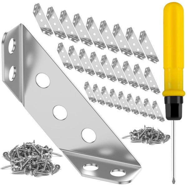 Universal Stainless Steel Furniture Corner Connector, Metal Angle Brackets for Wood Furniture with Nails Screwdriver (30Pcs Connector+220Pcs Nails+1Pcs Screwdriver)