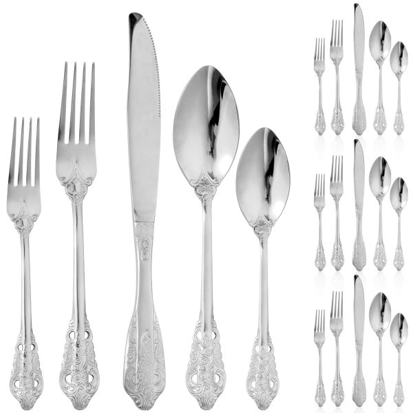 Tcwhniev 20PCS Silverware Set,Retro Royal Stainless Steel Flatware Utensil Sets for 4,Silver Luxury Cutlery Set Includes Forks Spoons Knives,Mirror Polished,Dishwasher Safe