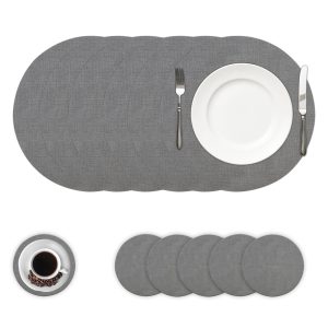 Round Faux Leather Placemats and Coasters, Washable Table Mats, Wipeable Heat-Resistant Dining Place Mats, Set of 6, Diameter 13 and 3.93 inch