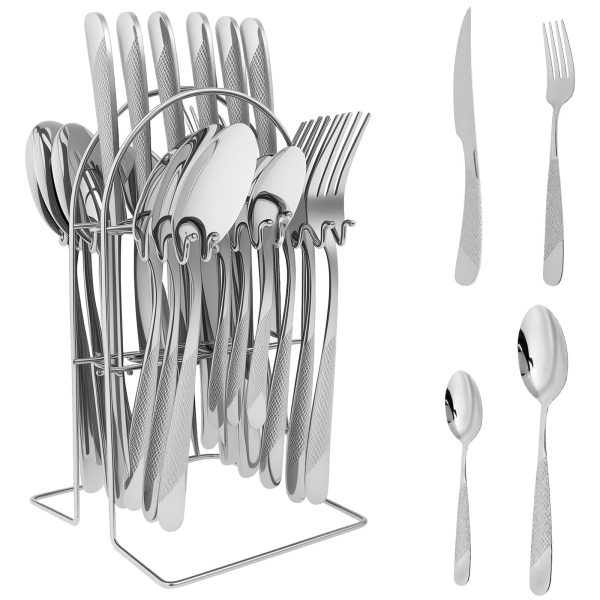 25Pcs Silverware Set with Holder Stainless Steel Hanging Flatware Set with Nonslip Handles Practical Cutlery Kit for Home Kitchen Gathering Party