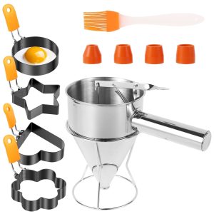 Xiyztok 6Pcs Griddle Breakfast Kit Practical Breakfast Kit Includes Batter Dispenser with Stand Egg Ring and Oil Brush for Cooking Cupcake Waffle Muffin