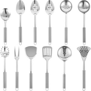 Xiyztok 12Pcs Kitchen Cooking Utensils Set Metal Stainless Steel Spoons and Spatula with Ergonomic Handle Utensil for Cooking Kitchen Cooking Utensils Set Kitchen Gadgets Tools Set Spoons Spatula