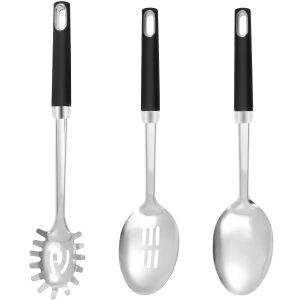 3Pcs Stainless Steel Serving Spoons Set with Slotted Spoon Solid Spoon and Spaghetti Spoon Multipurpose Serving Spoons with Heat Resistant Handles for Cooking Serving