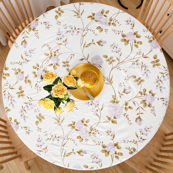 Tcwhniev Indoor Outdoor Patio Round Fitted Vinyl Tablecloth, Flannel Backing, Elastic Edge, Waterproof Wipeable PVC Table Cover, Trumpet Flower, for Table of 35-44???? Diameter