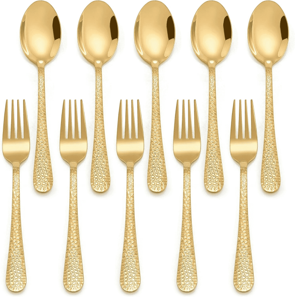 Tcwhniev 10 Pieces Kids Silverware Set, Stainless Steel Toddler Utensils, Hammered Kids Cutlery Set, Kids Forks and Spoons Set